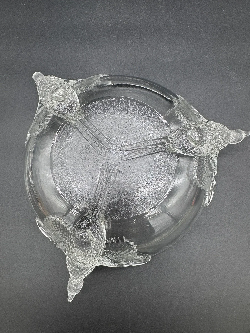 Jeanette Glass Molded Pheasants Centerpiece Clear Glassware Bowl 3-Footed